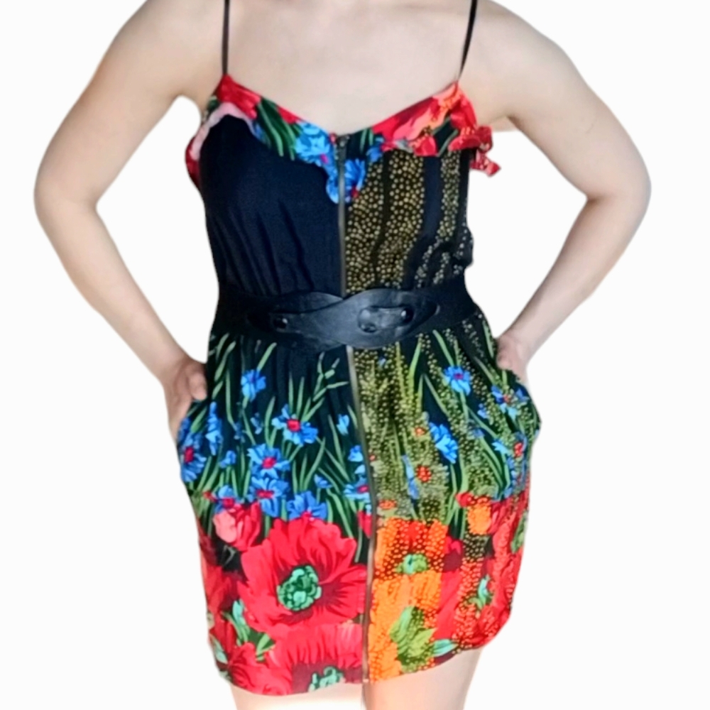 Slip Dress with Flounce Ruffle, Exposed Front Zipper, Bold Summer Floral Print